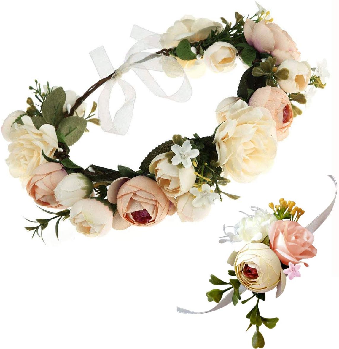 HOMOC Flower Crown Wedding Floral Headband with Wrist Flower Set Women Adjustable Garland Bridesmaid Bridal Girl Flowers Wreath Headpiece for Holiday Party Photography Decor (White)