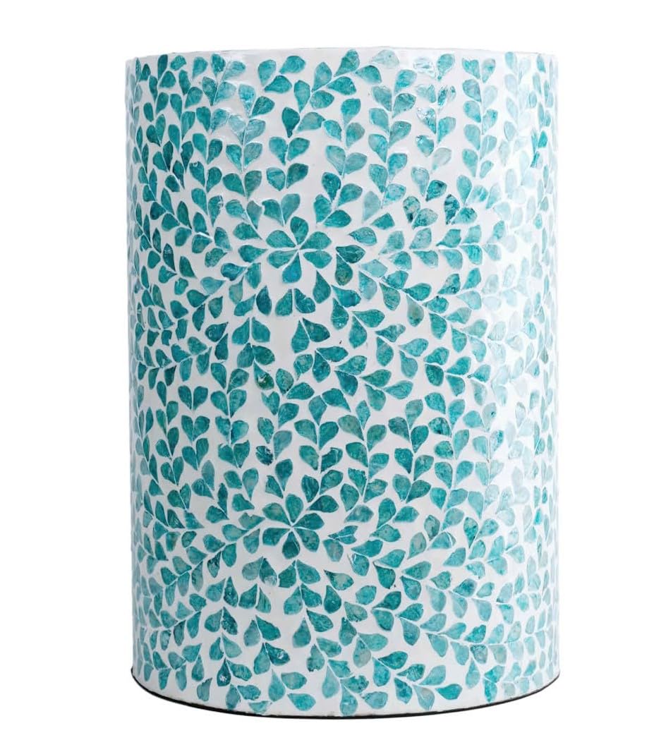 Photo 1 of PEMAR Mother of Pearl Inlaid Cylinder Drum End Table Nacre Capiz Shell Side Table Stool Round Coffee Bedside Accent Nightstand and Vanity Stool (Teal Floral)