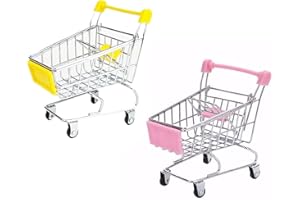 BEAUY GIRL 2 Pcs Mini Shopping Cart Small Supermarket Cart Metal Shopping Utility Supermarket Handcart Trolley, Yellow and Pink
