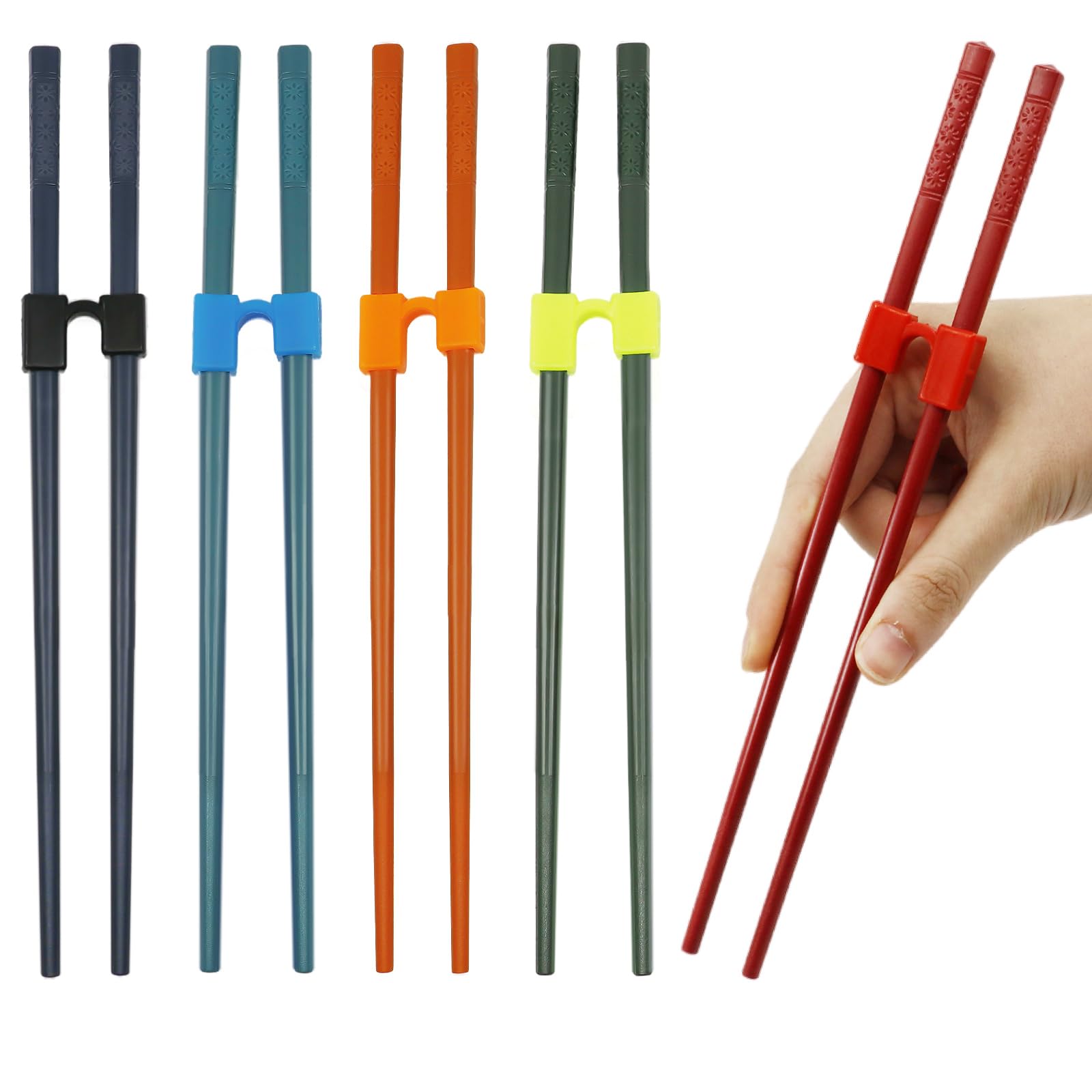 Chopsticks and Chop stick Helpers 5 Pairs Set, Plastic Hinges Connector Training for Kids, Adults, Beginner, Trainers or Learner, Non-Slip Reusable and Replaceable, Dishwasher Safe(Cherry Blossom)