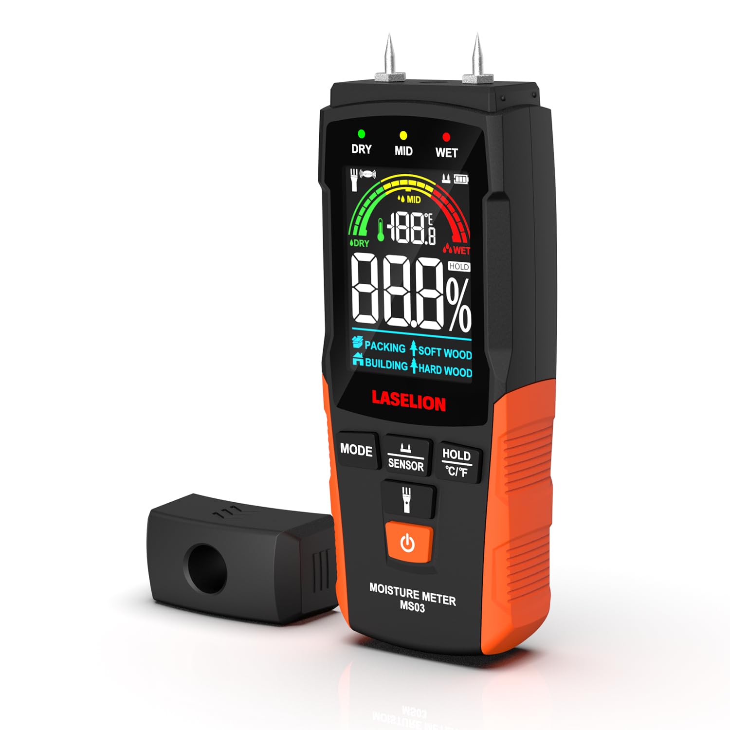 Photo 1 of LASELION 2-in-1 Pin & Pinless Moisture Meter MS03 – Accurate Moisture Detection for Wood, Concrete, Drywall, and More – LCD Display with Hold Function, Flashlight, and Auto Power Off