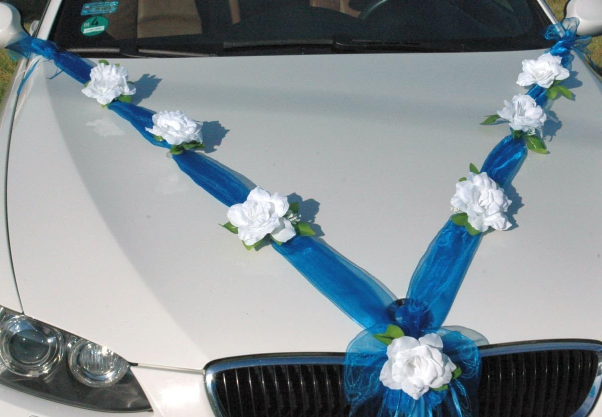 Autoschmuck Organza M Auto Schmuck Braut Paar Rose Deko Dekoration Hochzeit Car Auto Wedding Deko (Reinweiß/Blau) - Image 4