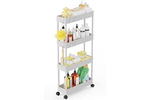 LEHOM 5.3" Slim Storage Cart - 4 Tiers Bathroom Organizer Mobile Shelving Unit Storage Rolling Utility Cart Slide Out Organizer for Kitchen Bathroom Laundry Narrow Places, White