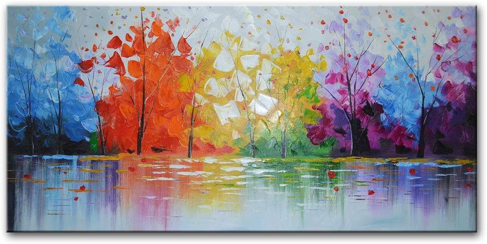Paintings - EVERFUN ART Hand Painted Palette Knife Oil Painting Modern Abstract Wall Art Haning Lake Scenery Landscape Canvas Picture Framed Ready to Hang 48