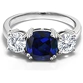 Gem Stone King 3.50 Cttw Created Sapphire and Moissanite 3-Stone Engagement Ring For Women | 925 Sterling Silver | September Birthstone | Cushion 8MM | Wedding Anniversary Promise Ring