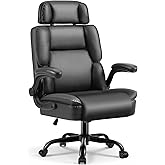 Avocahom Comfy Office Chair with Adjustable Headrest,Executive Leather Desk Chair with Lumbar Support,Rocking Function,Ergonomic Gaming Computer Chair Having Flip Up Arms, Black