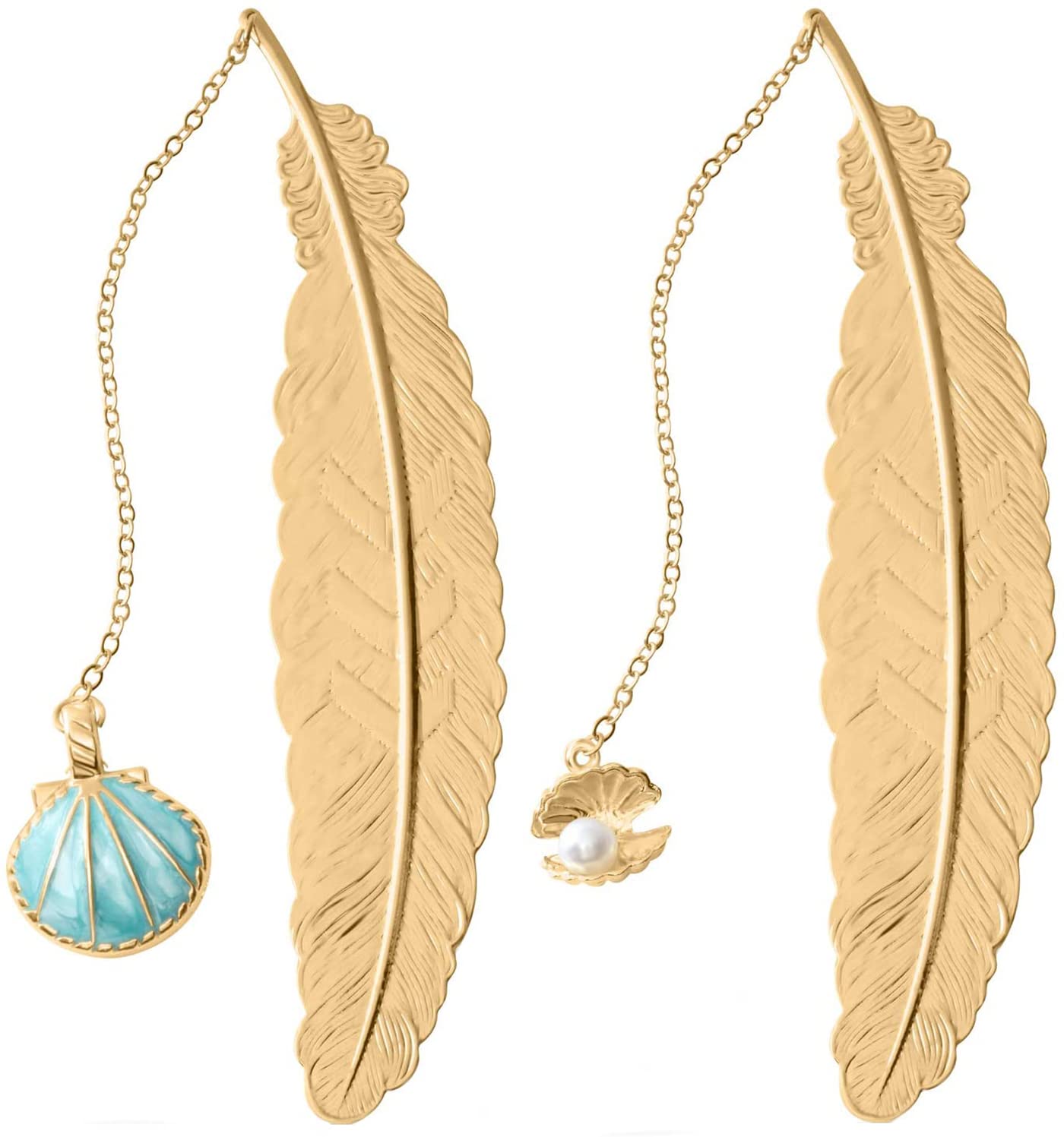 Alnicov Metal Feather Bookmarks,2 Pack Classical Exquisite Feather Metal Bookmarks,Ideal Gift for Students,Teachers and Friends to Read(Blue Shell, Shell)
