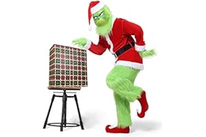 CASAPRE Santa Costume Adult.Christmas Costume 7pcs Suit With Green Monster Mask and Red Hat.Christmas Gift Box Packaging