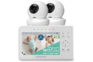 Babysense Baby Monitor with 2 Cameras and Audio 4.3", Non Wifi Baby Monitor, Dual Split Screen, Portable Double Sleep Video Monitoring, Auto Night Vision & Light, Lullabies & White Noise Two-Way Audio