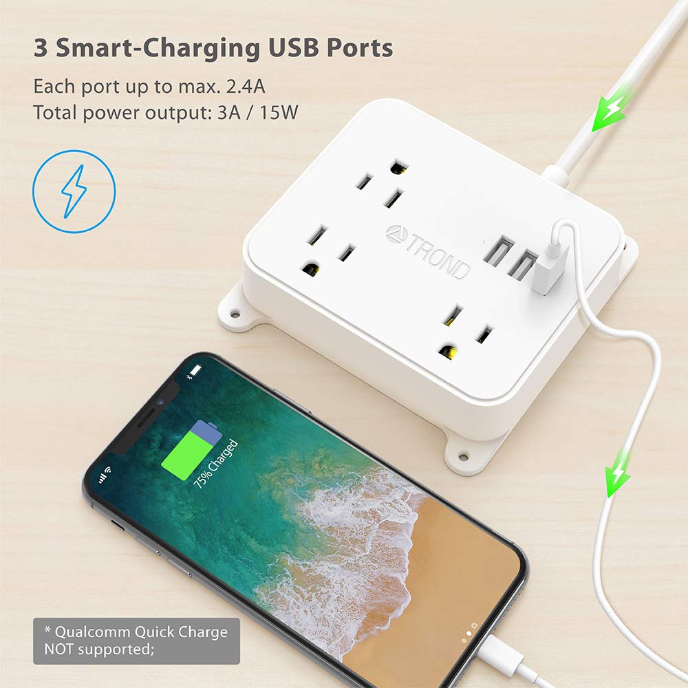 For Cruise Ship Hotel Nightstand Office Flat Plug Wall Mount 3 Widely Spaced Outlets 4 5ft Extension Cord Power Strip With Usb Trond Multi Plug Outlet Splitter With 3 Usb Ports Tools