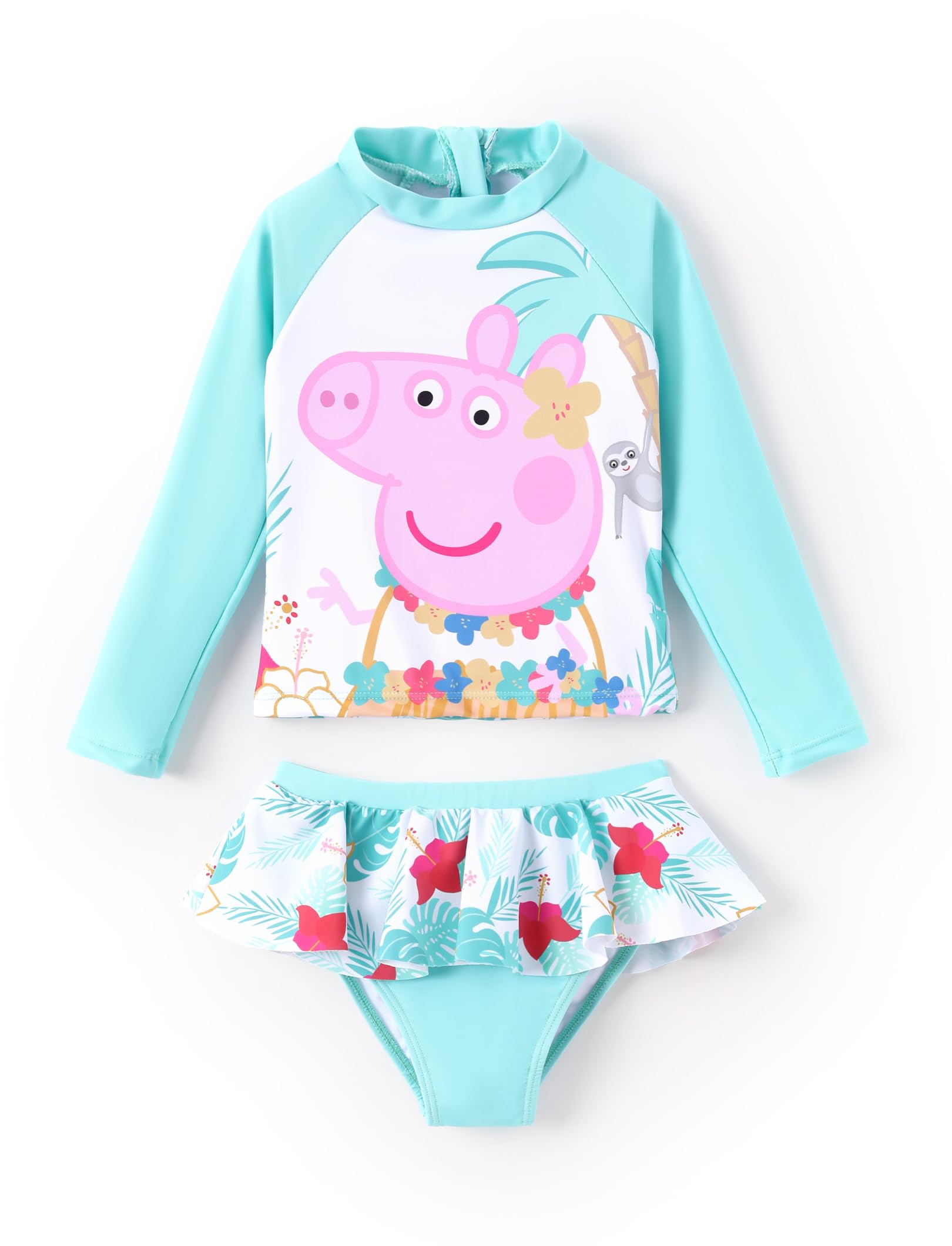 Photo 1 of Peppa Pig Toddler Girls Swimsuits 2 Pieces Flower Print Ruffle Hem Bathing Suits Green Long Sleeves Swimwear for Little Girls Size 4-5 Years