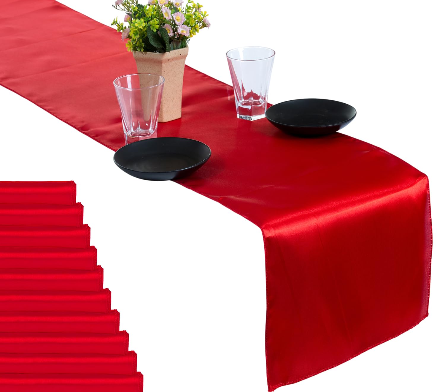 MDS Pack of 15 Satin Table Runners 12 x 108 Inch Long Wedding Sateen Bright Silk Smooth Table Runner for Wedding Reception Birthday Graduation Party Event Banquet Dinner Decoration - Red Image