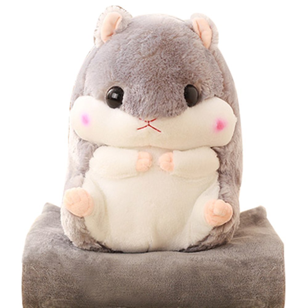 YunNasi Cuddly Plush Stuffed Hamster Pillow with Comfortable Blanket of 100cm x 170cm, Grey