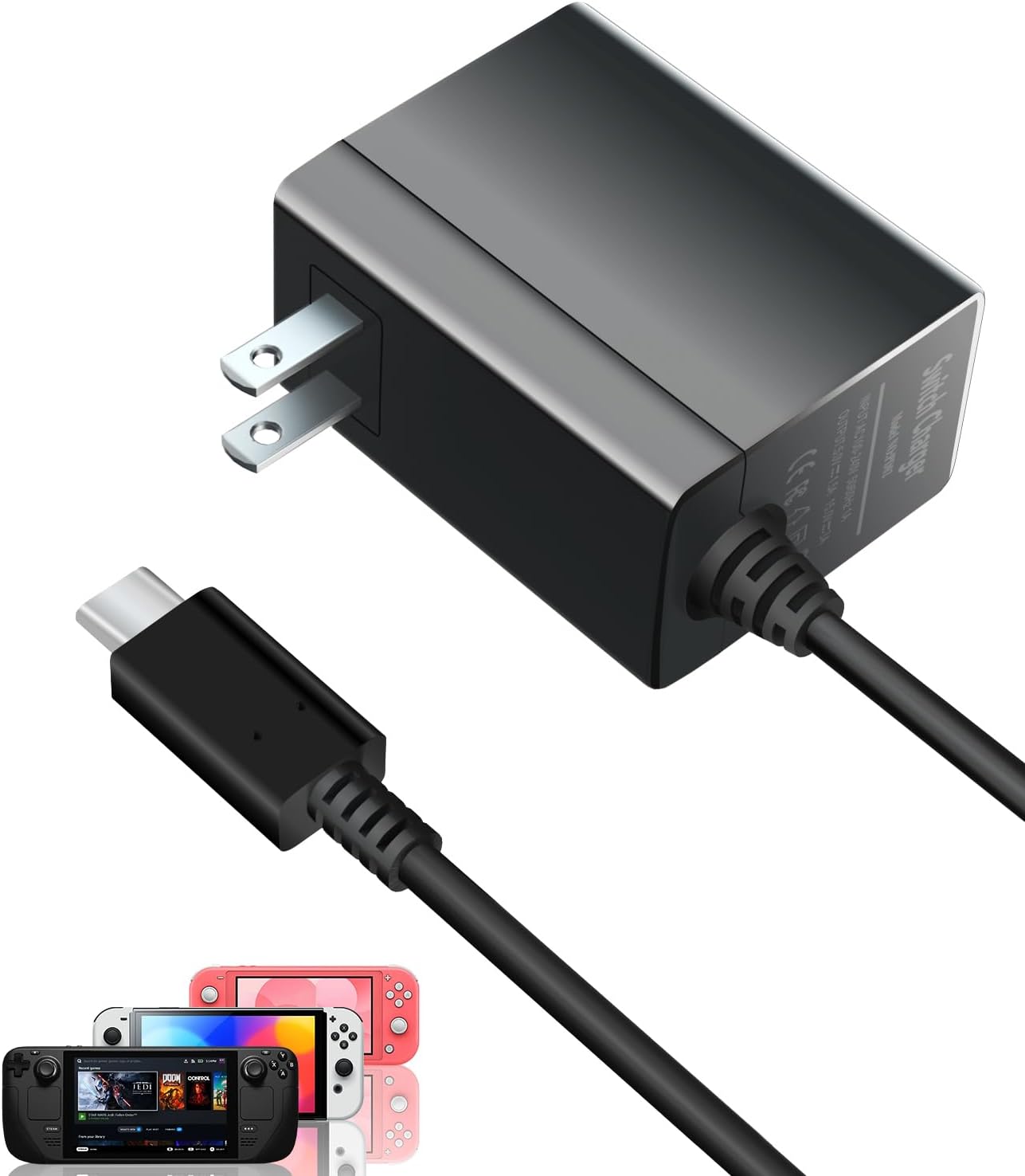 Switch Charger for Nintendo,45W AC Power Supply Adapter Compatible with Switch Lite OLED/Steam Deck,Fast Charge Support Switch TV Dock Mode Output 15V3A with 5FT USB Type-C Charging Power Cord Cable