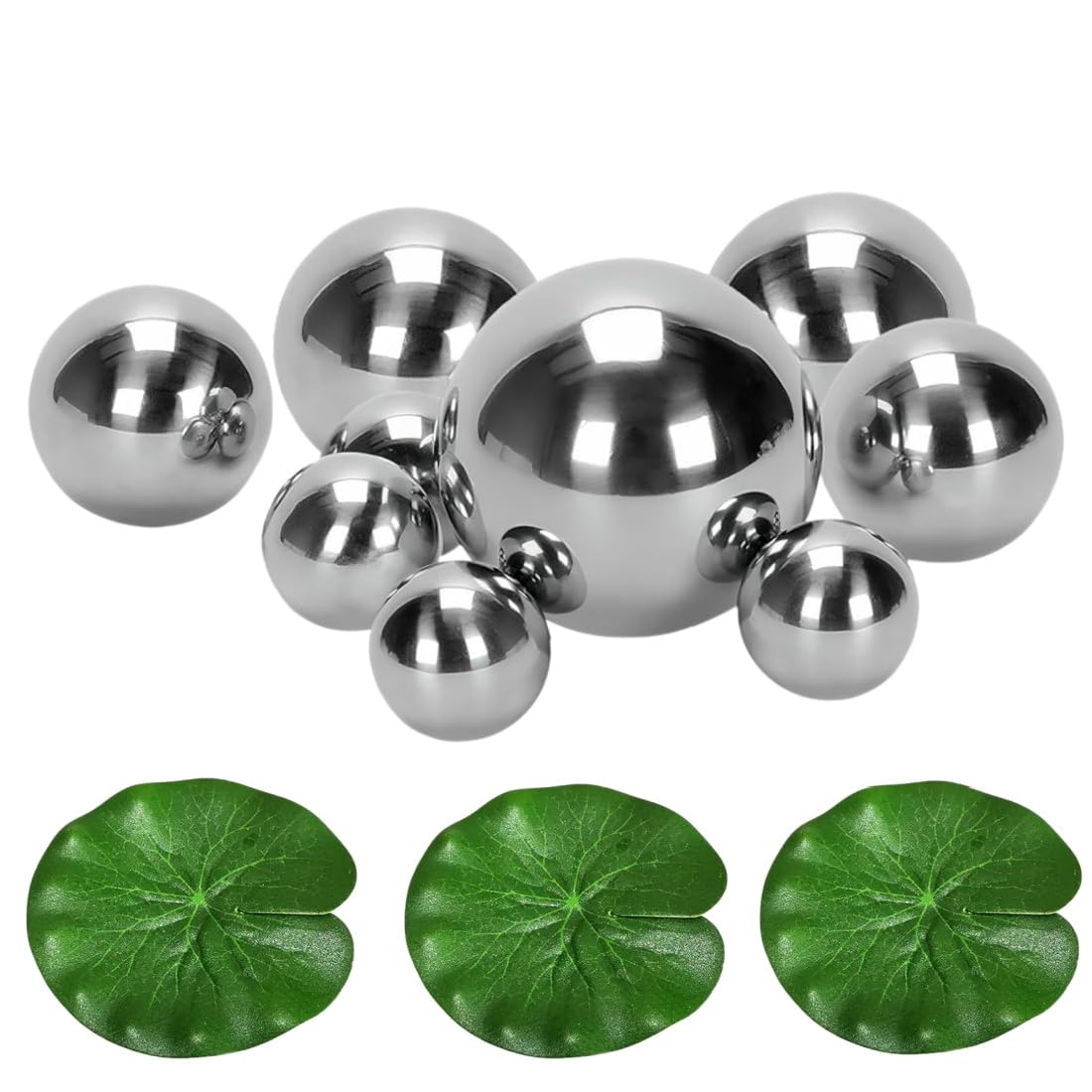 Super Idee Set of 9 Silver Swimming Balls with 3 Floating Lotus Leaves for Mini Pond Patio Pond Zinc Tubs Solar Fountain Garden Balcony Ponds Decorative Pond Balls Metal Balls Garden Balls Decorative