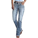 AprPith Women Mid Waisted Bootcut Jeans Zip Stretchy Slim Casual Double Button Flare Denim Pants with Distressed Pocket