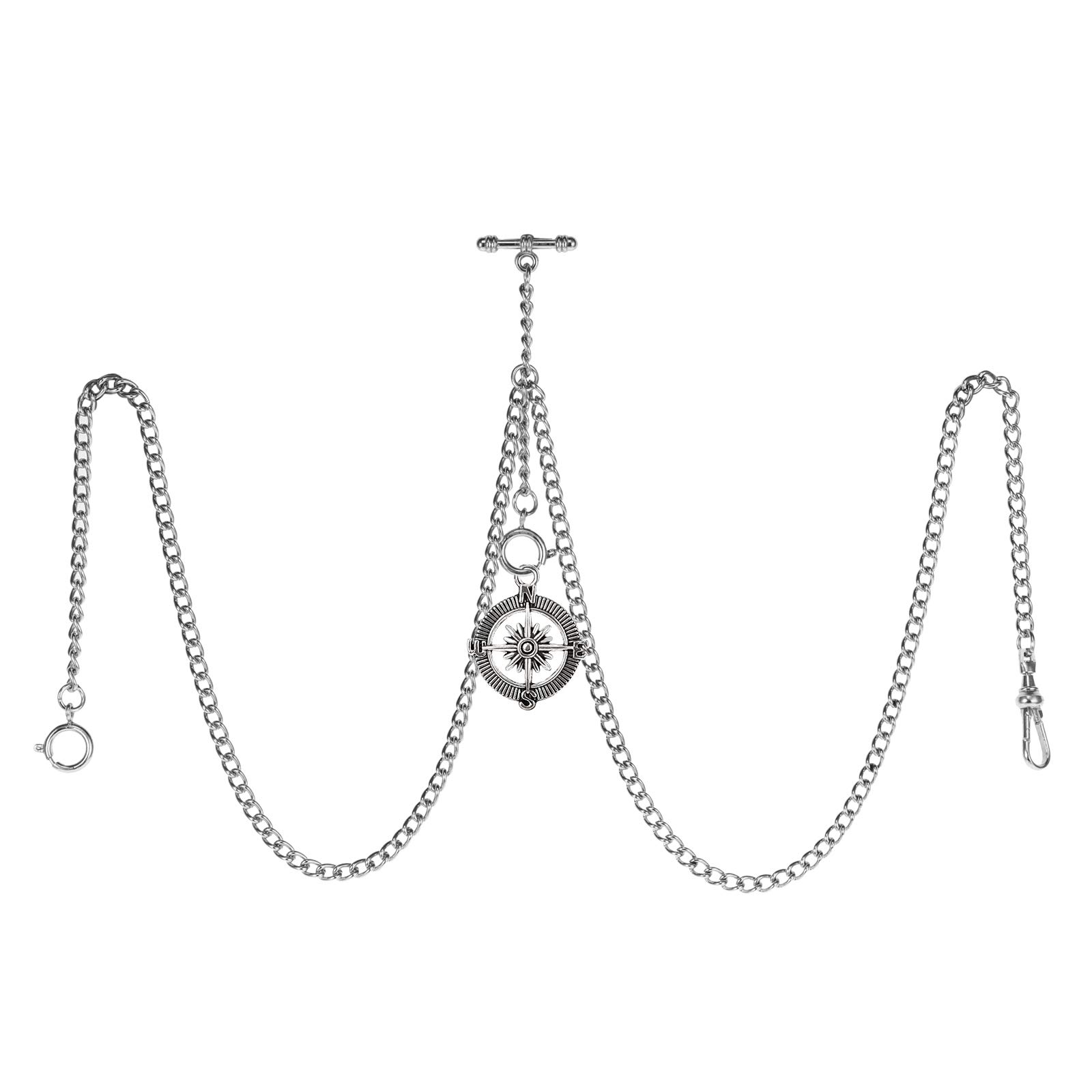 TREEWETO Men's Double Albert Chain Pocket Watch Curb Link Key Chain 3 Hooks with Antique Compass Silver Pendant Design Charm Fob T Bar