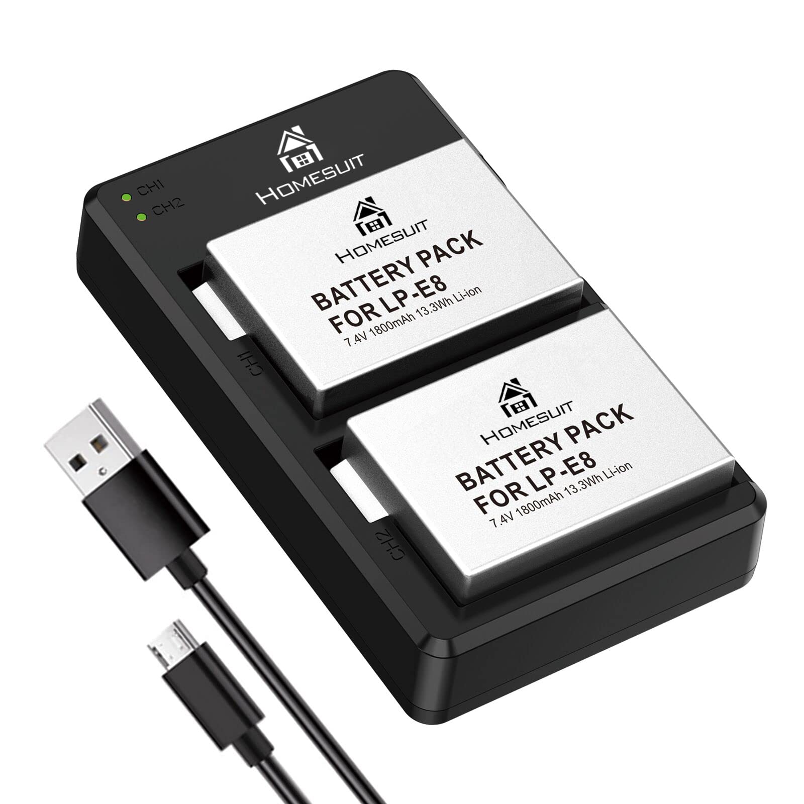 Homesuit LP-E8 Battery and Rapid Dual USB Charger Set for Canon LP-E8 and Canon EOS Rebel T5i, T4i, T3i, T2i, EOS 550D, 600D, 650D, 700D, Kiss X4, X5, X6, LC-E8E Camera(2-Pack, 1800mAh)