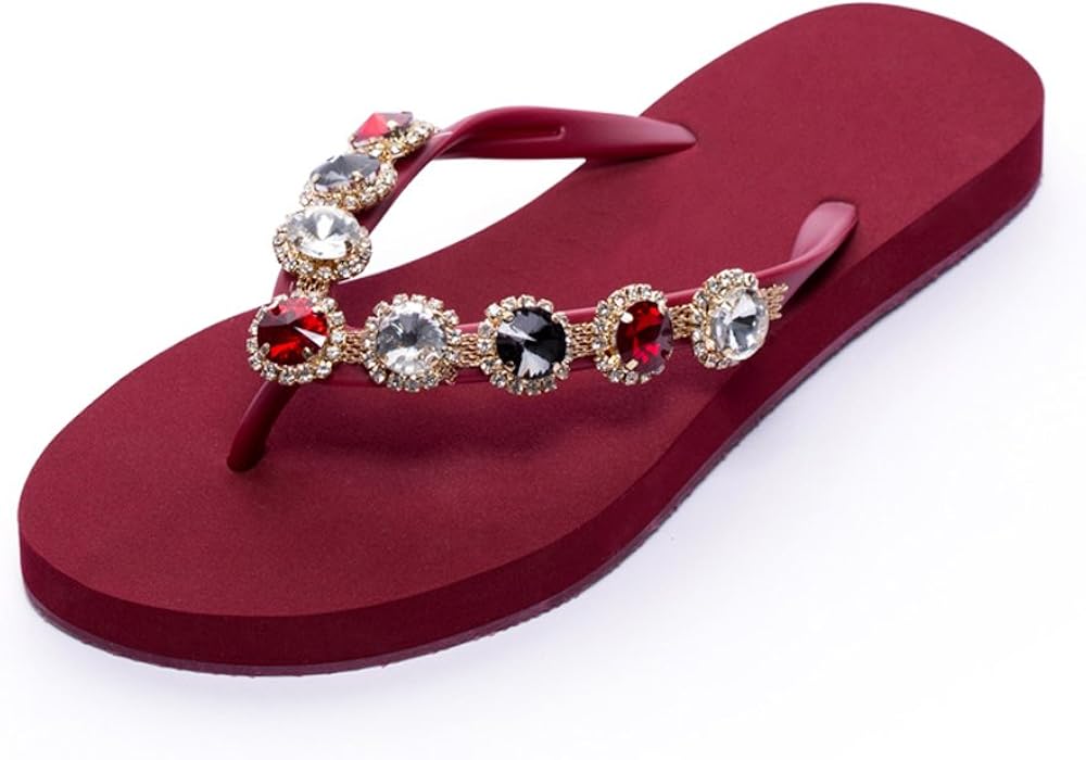 red flip flops with rhinestones