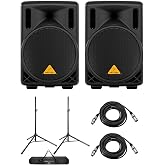 Behringer Eurolive B208D 8" 200W 2-Way Active PA Powered Speaker, Pair, Bundle with Speaker Stands and XLR Cables