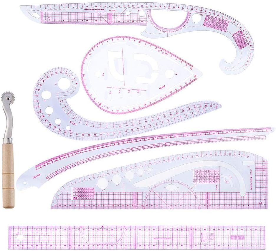 PIONIN 7 Piece French Metric Ruler Set, Clothes Trimmer Plastic Metric Curve Sewing Ruler for Dressmaking Pattern Design Drawing Template Making