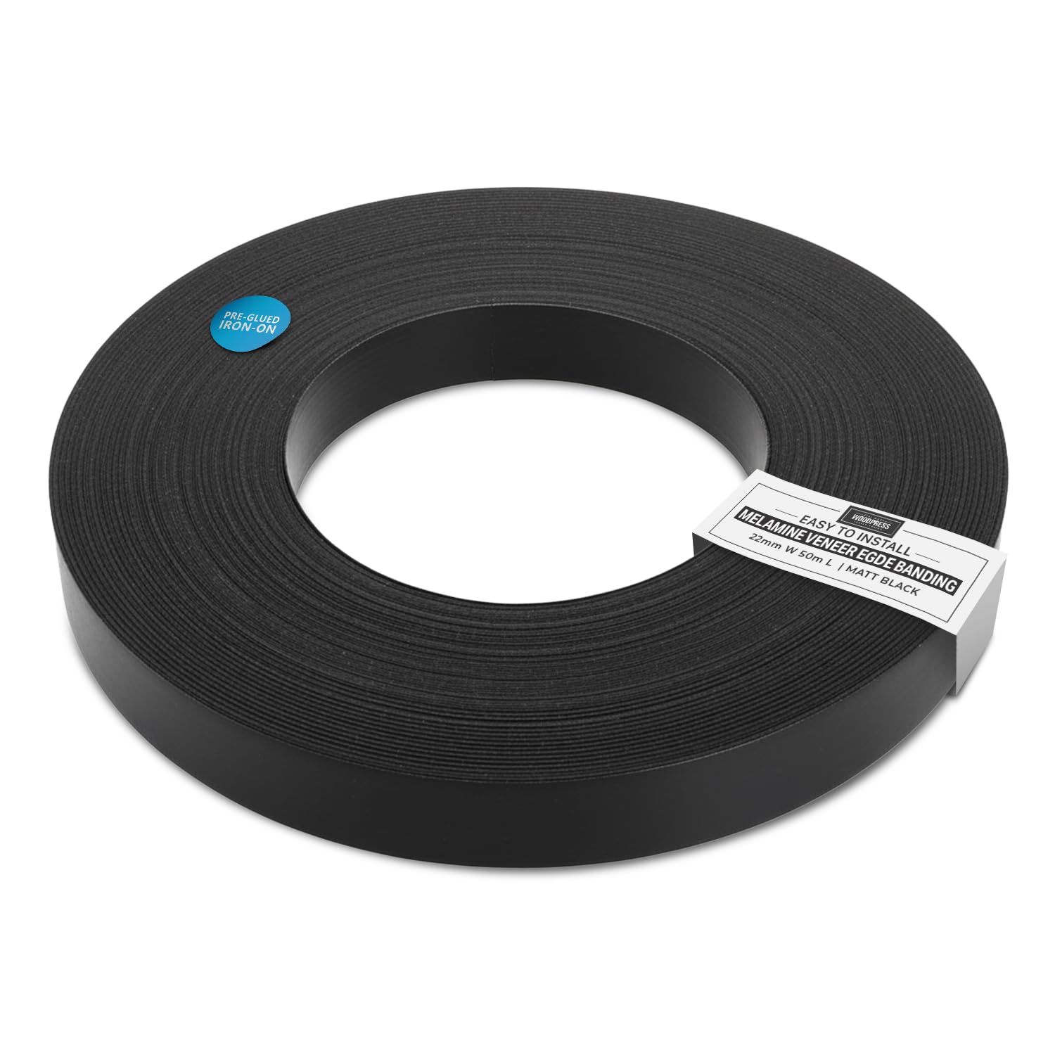 WoodPress® 22mm Matt Black Melamine Pre-Glued Veneer Edging Tape – 50m Trade Roll – Iron-On Wood Application