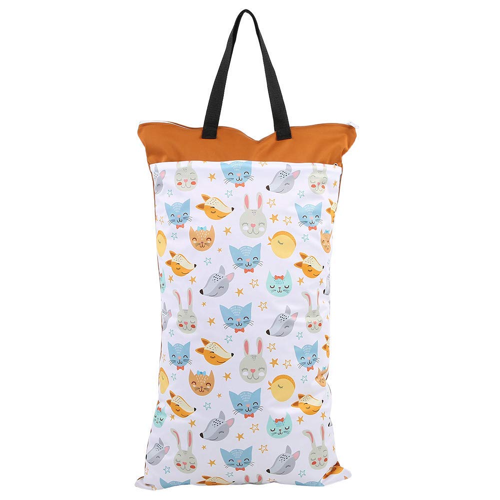 Wet Dry Cloth Diaper Bags,Double Zippers and Double Pockets Large Hanging Reusable Waterproof Baby Inserts Nappy Laundry Storage Bag(Cute Animal)