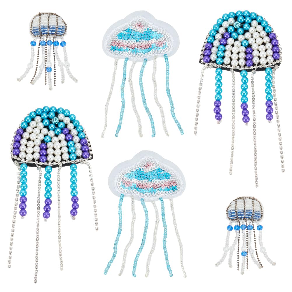 INFUNLY 6PCS Jellyfish Beaded Rhinestone Tassel Patches for Clothes Jellyfish Rhinestone Sew-on Patch Sea Creatures Beaded Repair Applique Patch Handmade DIY Patch for Clothing DIY Art Crafts Decor — image 1