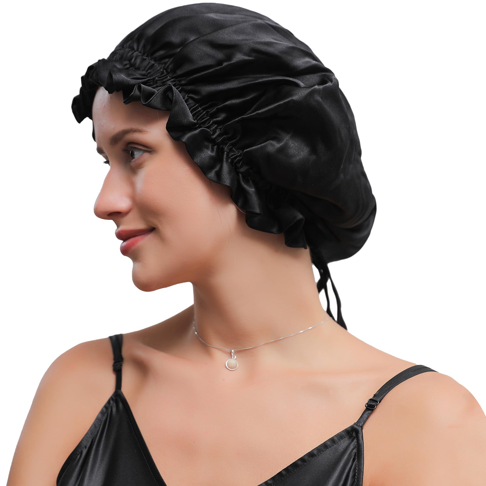 ZIMASILK 100% Mulberry Silk Bonnet for Women Hair Care, Double-Layer Silk Shower Cap, Natural Silk Hair Wrap for Sleeping with Elastic Stay On Head (1Pc, Black)