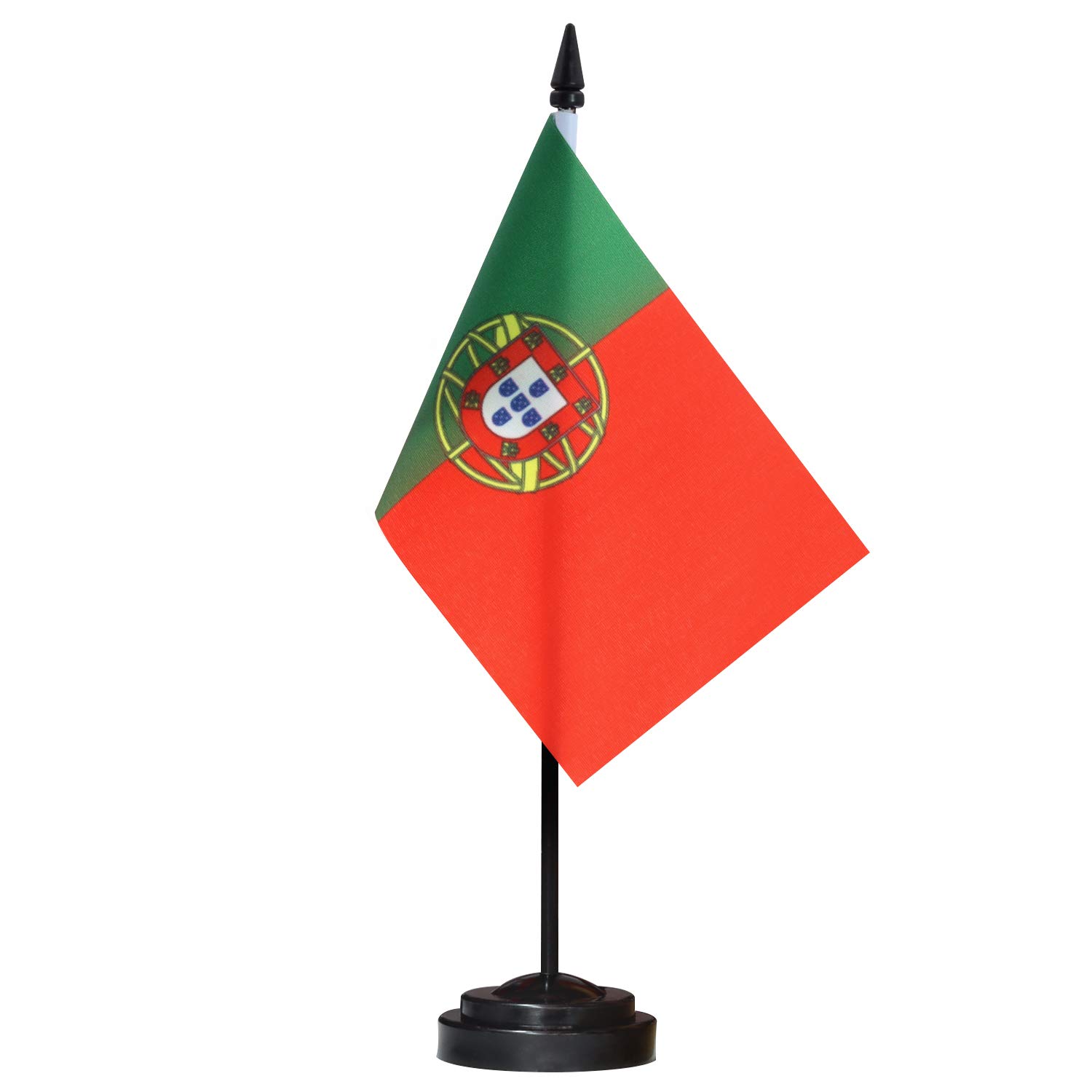 ANLEY Portugal Deluxe Desk Flag Set - 6 x 4 Inch Miniature Portuguese Desktop Flag with 12" Solid Pole - Vivid Color and Fade Resistant - Black Base and Spear Top