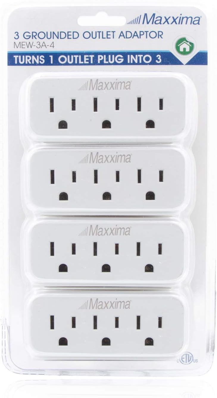 Maxxima 3 Grounded Multi Outlet Adaptor Wall Plug, Turn one outlet into 3 (Pack of 4) - - 