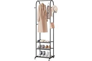 DTTWACOYH Hall Tree with Wheels and Hanging Hooks,Heavy-Duty Metal Coat Rack with Shoe Shelves,3-in-1 Narrow Entryway Storage for Small Space,Suitable for Hallway,Bedroom and Bathroom,Black