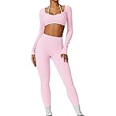 ABOCIW Workout Sets for Women Long Sleeve Crop Top Scrunch Butt Lifting High Waist Leggings with Pockets 2 Piece Outfits