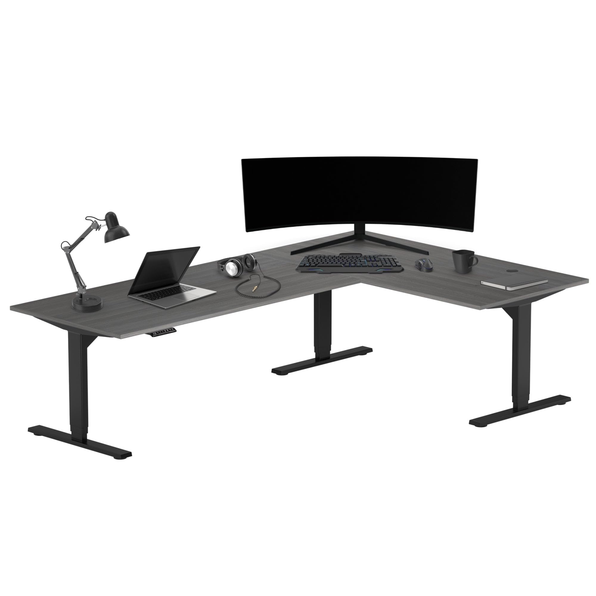 Photo 1 of *Partial Set* Progressive Desk Stand Up Height Adjustable Standing Desk - L Shaped 83" x 55" Table - Gray Oak, Black Frame