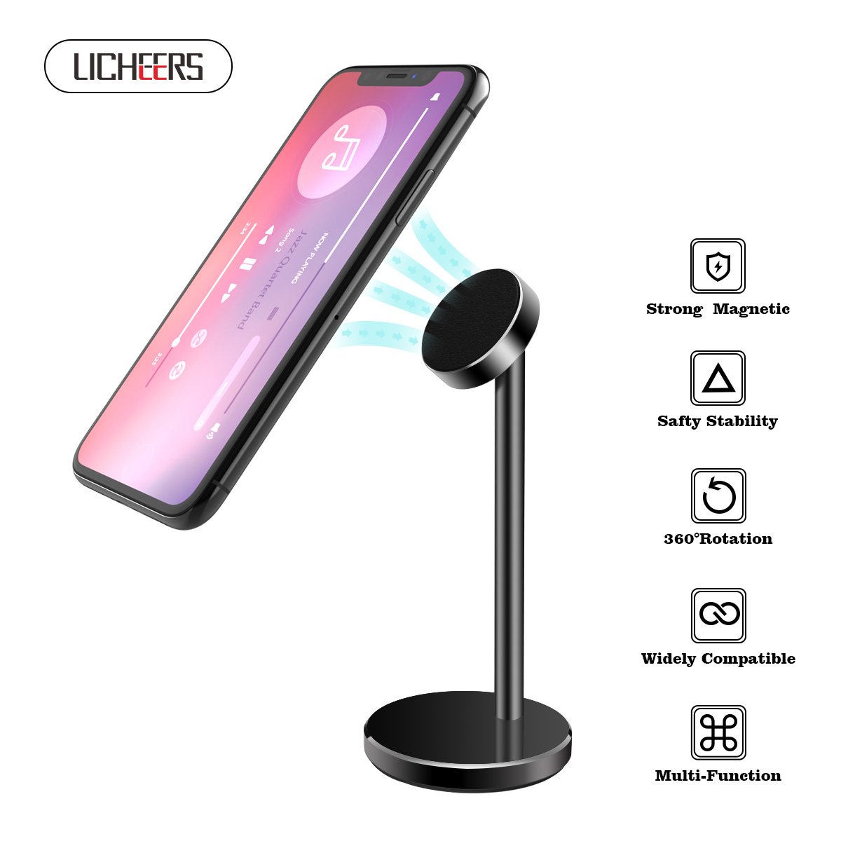 Licheers Magnetic Desktop Phone Stand, 360° Rotation Magnetic Tablet Mount Holder for Universal iPhone iPad, Samsung Galaxy Note, Face time Call and Watching Videos With Hands free (Black)…