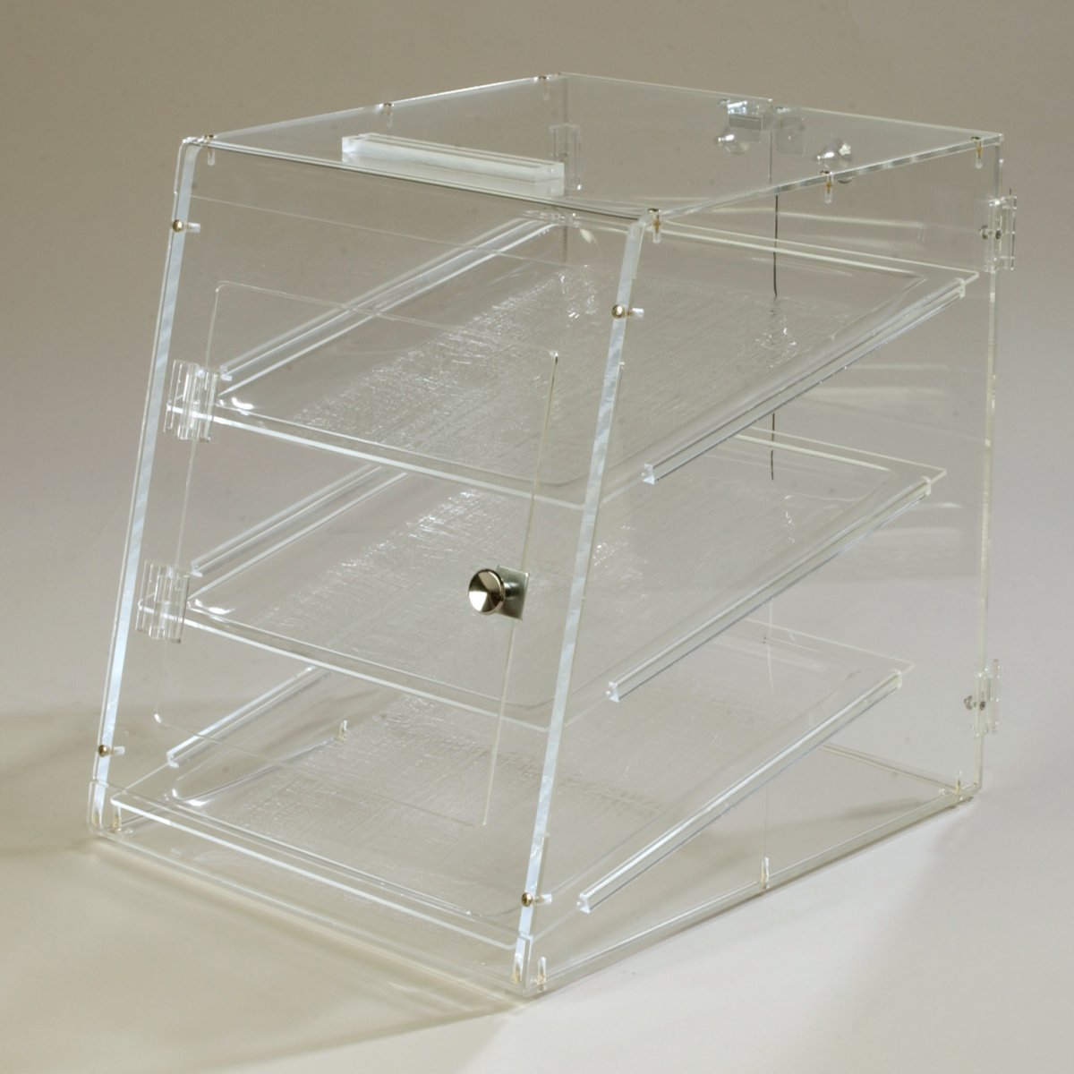 Carlisle SPD303KD07 Acrylic Unassembled Three Tray Pastry Display Case with Self Serve Front and Back Door, 18" Length x 14" Width x 17-1/2" Height, Clear