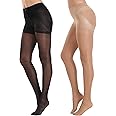MANZI 2 Pairs Women's Sheer Tights 40D High Waist Control Top Pantyhose Thigh High Stockings with Reinforced Toes