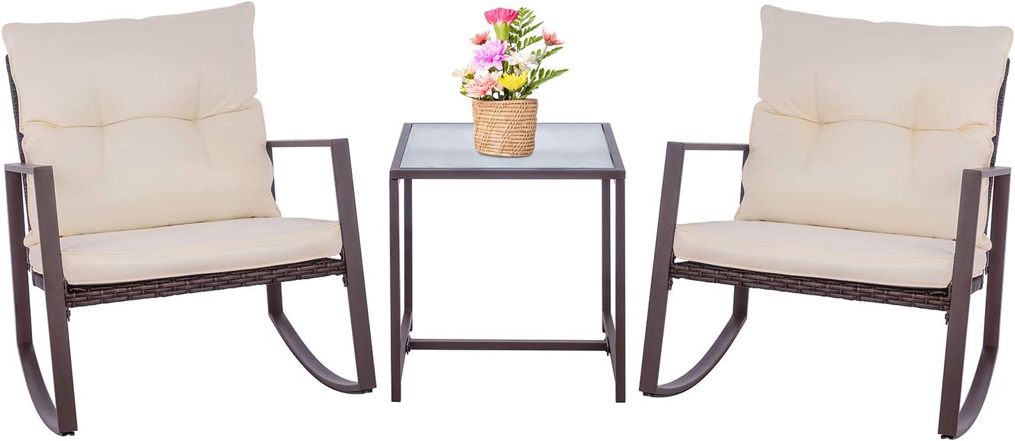 Shintenchi Outdoor 3 Piece Rocking Bistro Set, Wicker Patio Outdoor Furniture Porch Chairs Conversation Sets with Glass-Top Coffee Table for Backyard Porch Poolside Lawn, Garden, Black : Garden & Outdoor