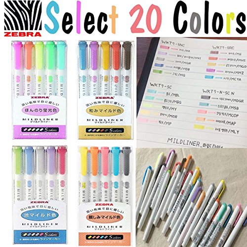 20 Color Full Set - Zebra Mildliner Soft Color Double-Sided Highlighter Marker WKT7-5C / WKT7-5NC / WKT7-5RC / WKT7-N-5C