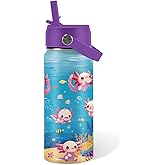 Axolotl Gifts for Girls 16 oz Kids Water Bottle with Straw Lid, Stainless Steel Insulated Tumbler, Leak Proof, BPA-Free,Adorable Ocean Animal Mug Cup for Sports,Travel Children Birthday Gifts (1pc)
