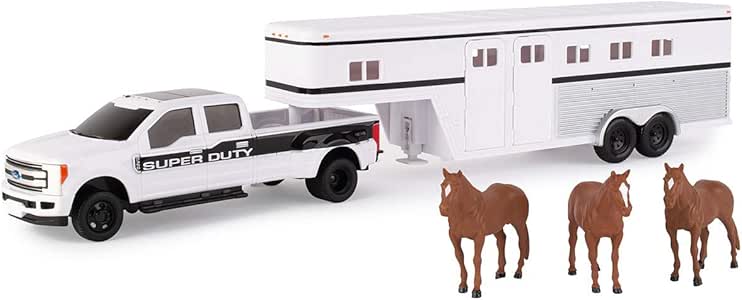 Amazon.com: Tomy Ford F-350 camioneta con remolque de caballo y caballos (escala 1:32), color blanco: Toys \u0026 Games