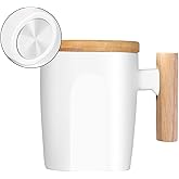 HOWAY Flat Bottom Mug with Wood Lid, Ceramic Tea Cup for Coffee Warmer, Universal, Flat Bottomed, Wooden Handle, 14oz