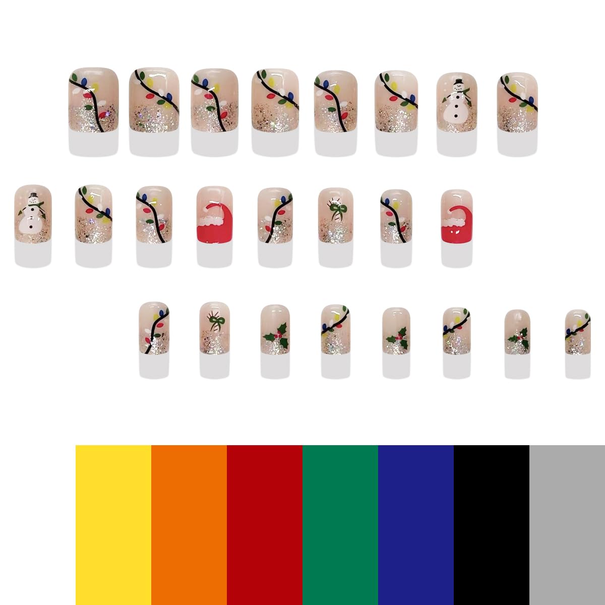 24Pcs Christmas Glitter Press on Nails Short Square Snowman French Tip Nude Design Fake Nails Xmas Cute Stick on Nails Winter Holiday Acrylic Glossy False Nails for Women and Girls Glue on Nails - Image 3