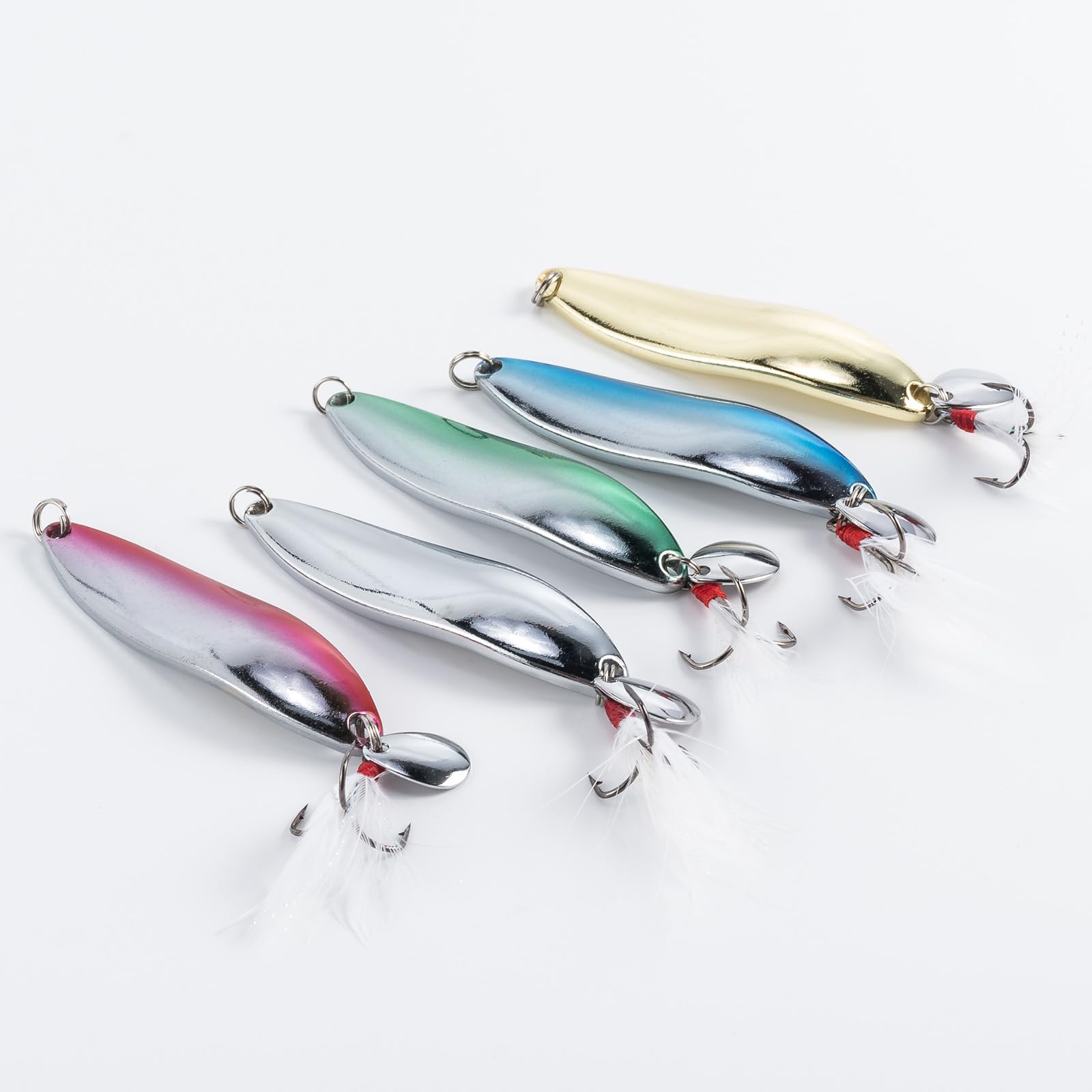 Dr.Fish 21g Metal Spoon Fishing Lures, 5pcs Sea Fishing Spoons for Bass Trout Spinnerbaits with Treble Hooks Feathers Tails for Saltwater and Freshwater