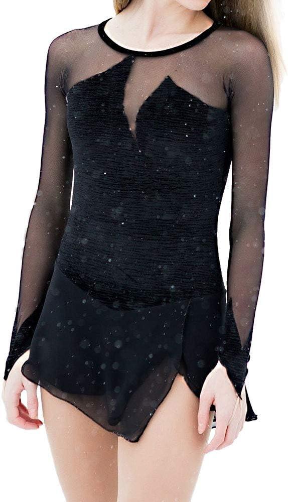 Kmgjc Figure Skating Dress Women's Girls' Ice Skating Dress Black Patchwork Spandex High Elasticity Training Competition Skating Wear Patchwork Long Sleeve Ice Skating Figure Skating