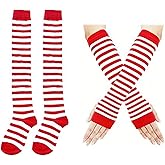 Red and White Striped High Knee Socks Candy Cane Knee Socks Long Arm Warmer Gloves for Women Girl Cosplay Costumes Accessories Cheerleading Halloween Party