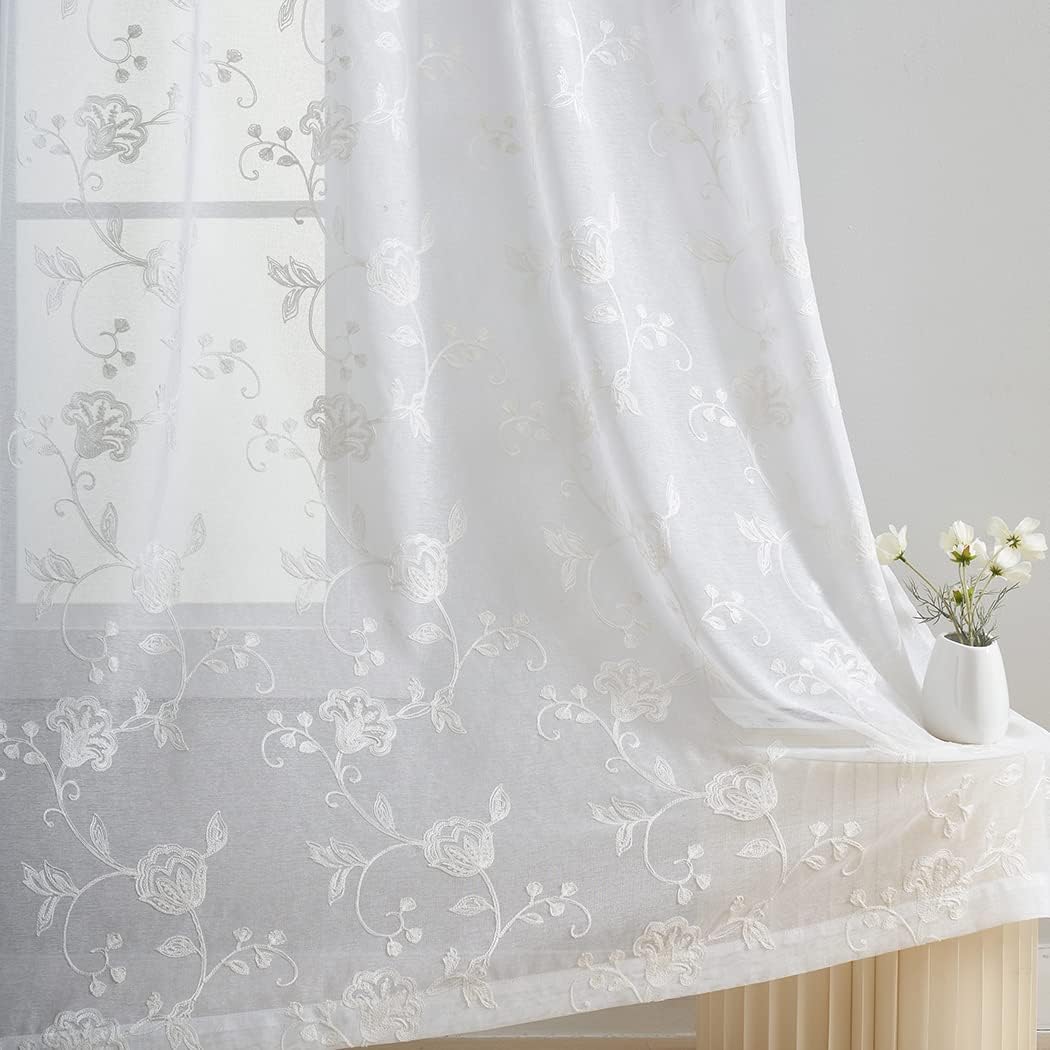 Outdoor Curtains - Sheer Curtains Floral Embroidery White 84 Inch Long Rod Pocket Lace Drapes for Living room, Bedroom, 2 Panels, 52