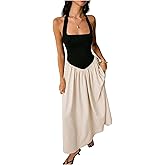 SOLY HUX Women's Halter Maxi Dress Color Block Sleeveless Backless A Line Flowy Going Out Party Long Dresses