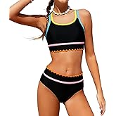 LIFAky Girls Bathing Suit Color-Block Adjustable Criss Cross Strap Sporty Swimsuits for 9-16 Years Bikini Set with Chest Pad