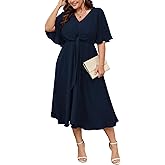 SCOMCHIC Women Plus Size Midi Dresses Wedding Guest Short Sleeve V Neck Tie Waist Casual Summer Flowy A Line Dress